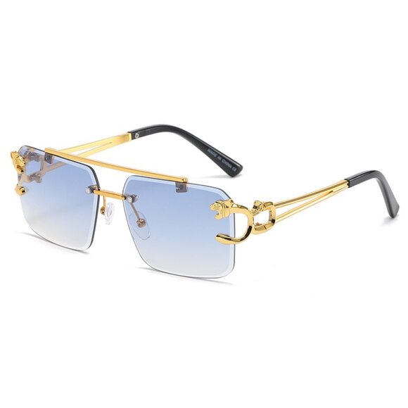 Men Sunglasses Hip Hop Gold Blue Lens Small Retro Designer Rimless Shaded Lentes - Picture 1 of 1